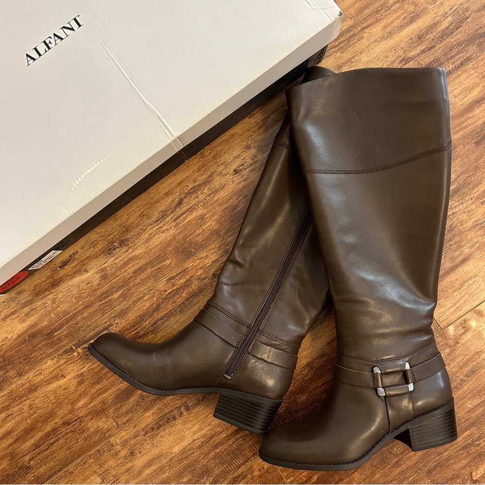 NEW Alfani wide calf genuine real leather fall winter boots block heel darkbrown